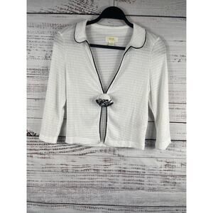 Maeve Shirt Womens XS White Textured Cropped Collar 3/4 Sleeve Top Contrast Trim